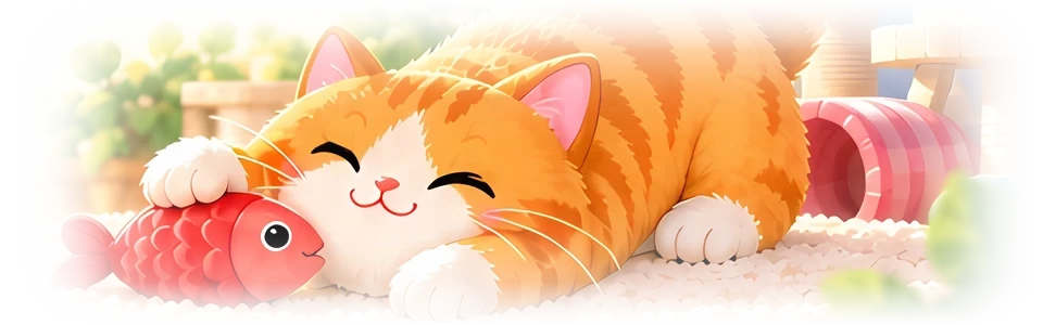 Orange cat stretching toward a toy fish