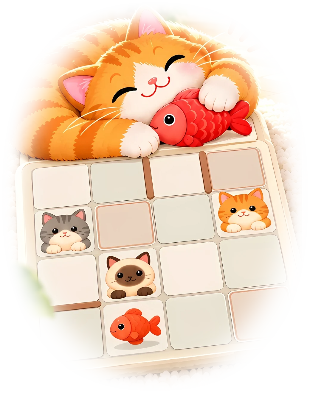 Cat hugging a fish on the puzzle board