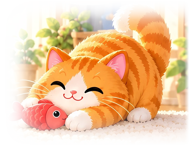 Orange cat stretching toward a toy fish